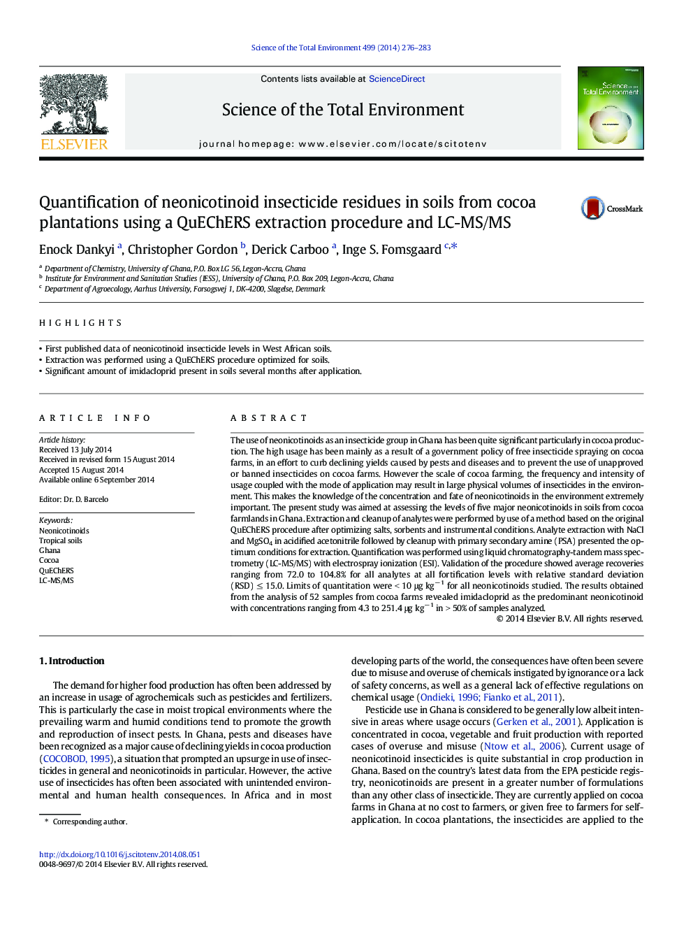 Quantification of neonicotinoid insecticide residues in soils from cocoa plantations using a QuEChERS extraction procedure and LC-MS/MS