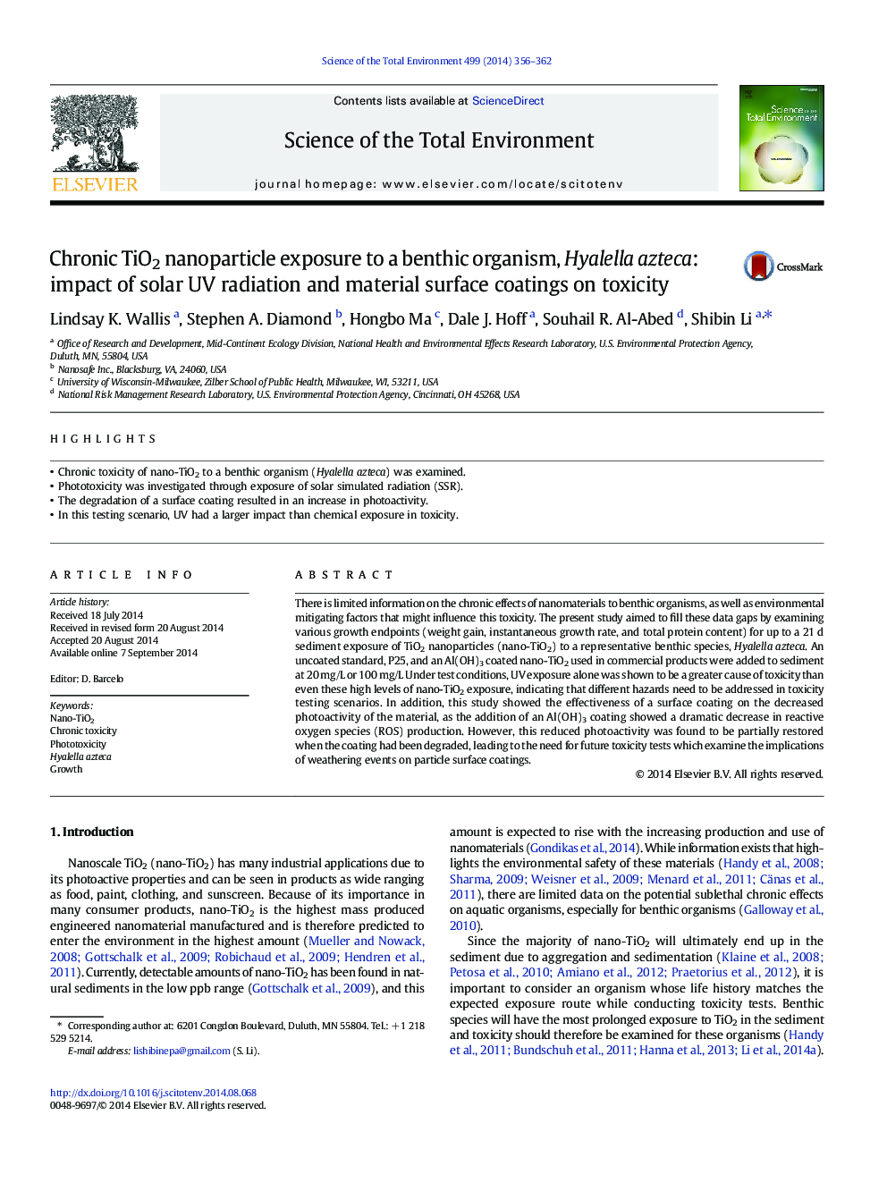 Chronic TiO2 nanoparticle exposure to a benthic organism, Hyalella azteca: impact of solar UV radiation and material surface coatings on toxicity