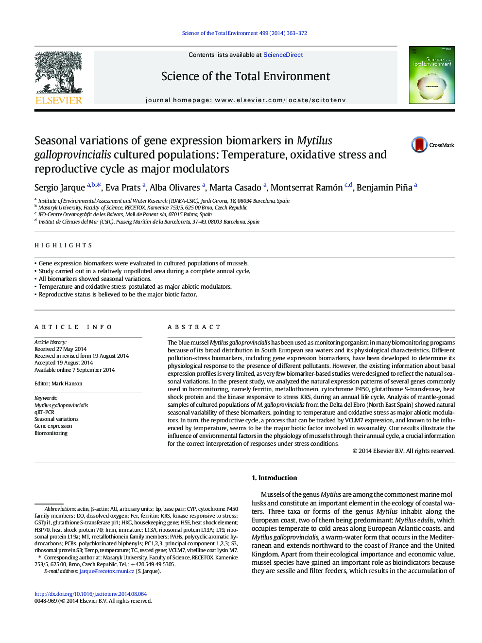 Seasonal variations of gene expression biomarkers in Mytilus galloprovincialis cultured populations: Temperature, oxidative stress and reproductive cycle as major modulators