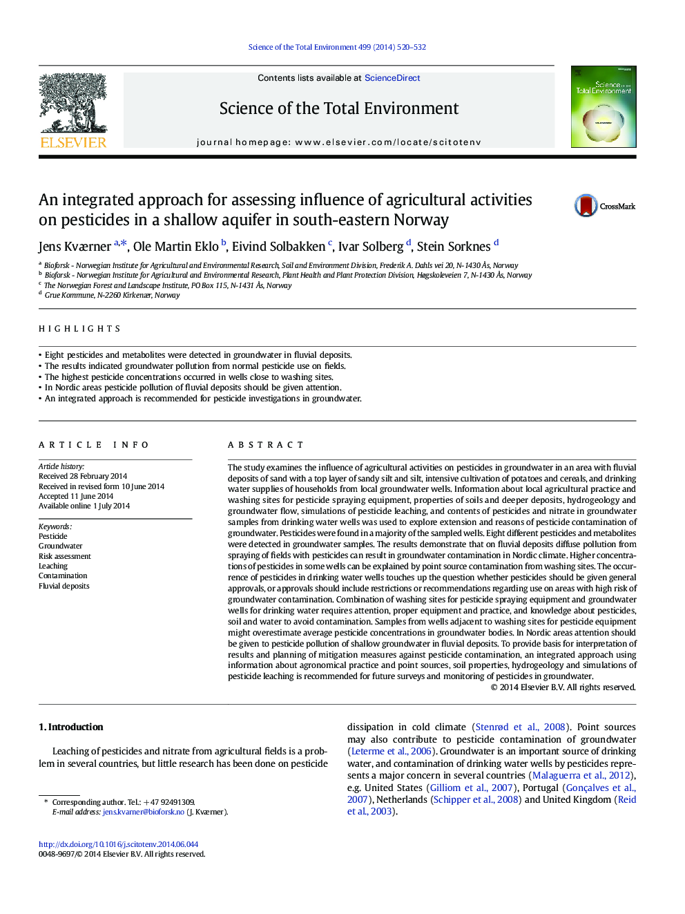 An integrated approach for assessing influence of agricultural activities on pesticides in a shallow aquifer in south-eastern Norway