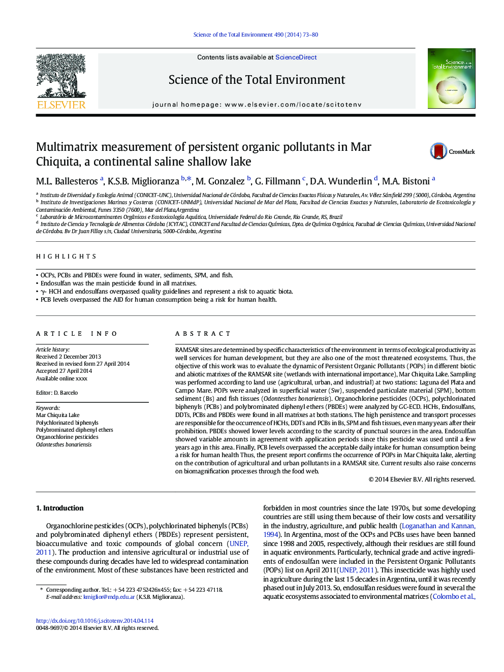 Multimatrix measurement of persistent organic pollutants in Mar Chiquita, a continental saline shallow lake