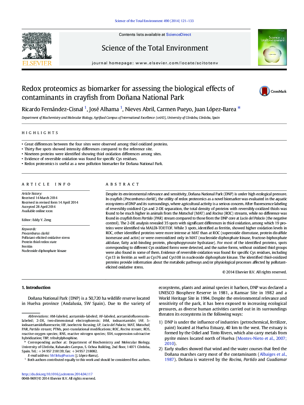 Redox proteomics as biomarker for assessing the biological effects of contaminants in crayfish from Doñana National Park