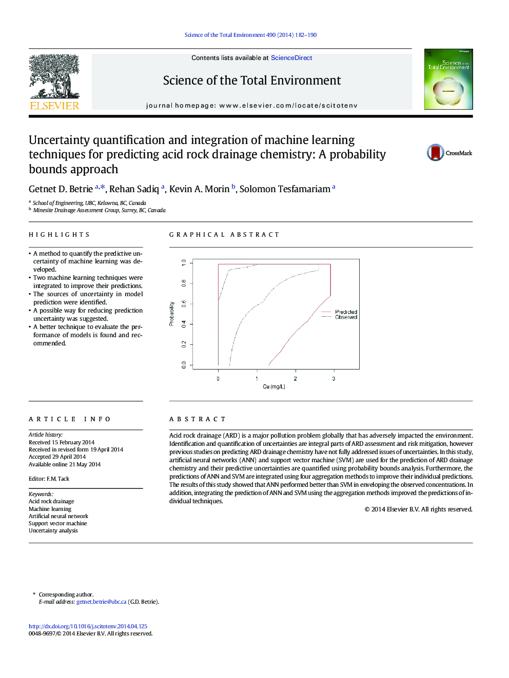 Uncertainty quantification and integration of machine learning techniques for predicting acid rock drainage chemistry: A probability bounds approach