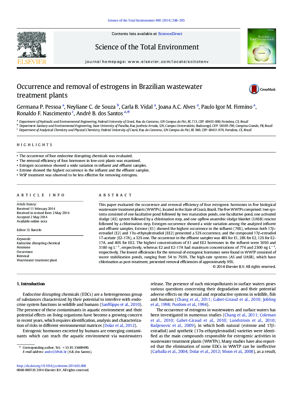 Occurrence and removal of estrogens in Brazilian wastewater treatment plants