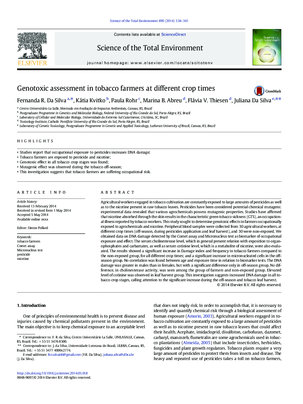 Genotoxic assessment in tobacco farmers at different crop times