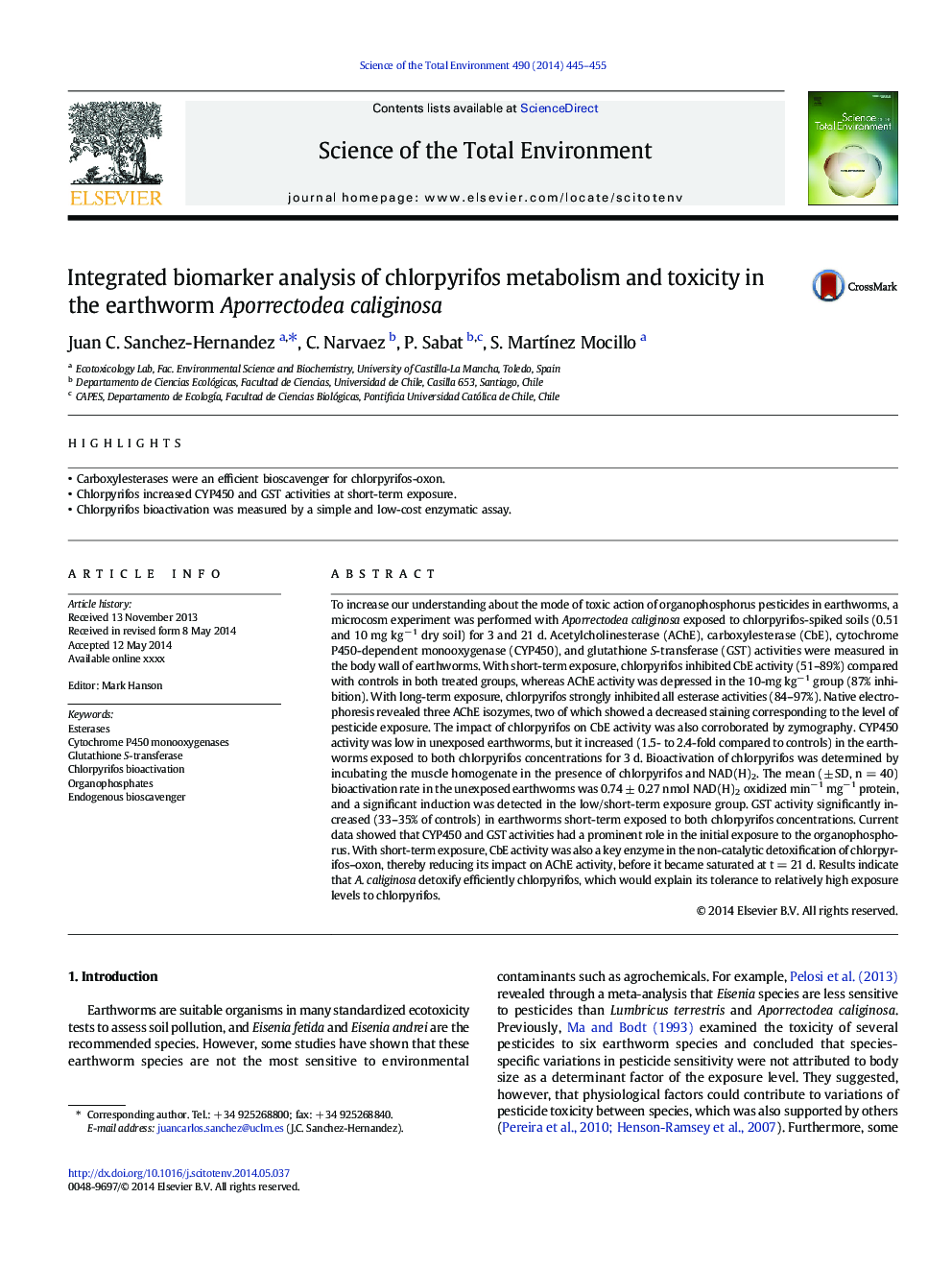 Integrated biomarker analysis of chlorpyrifos metabolism and toxicity in the earthworm Aporrectodea caliginosa