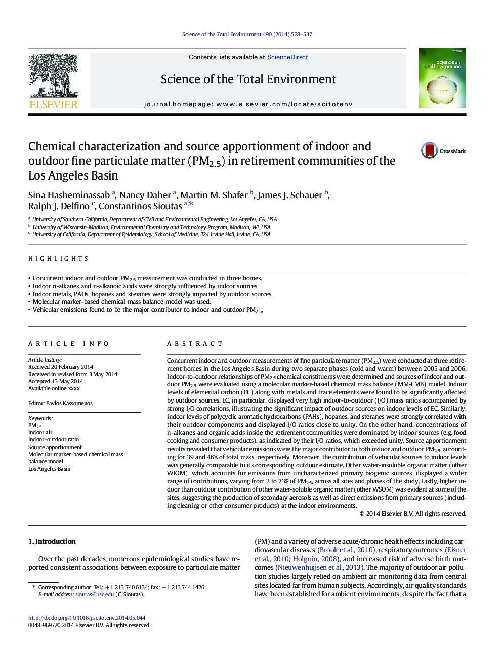Chemical characterization and source apportionment of indoor and outdoor fine particulate matter (PM2.5) in retirement communities of the Los Angeles Basin