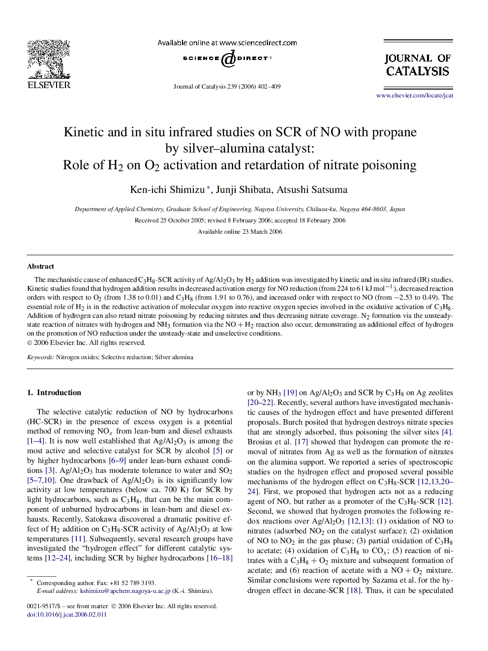 Kinetic and in situ infrared studies on SCR of NO with propane by silver–alumina catalyst: Role of H2 on O2 activation and retardation of nitrate poisoning