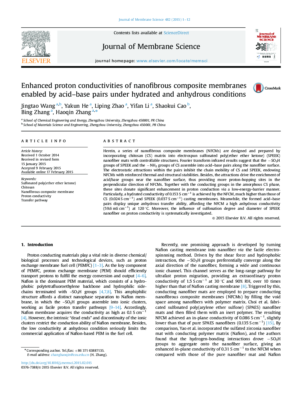 Enhanced proton conductivities of nanofibrous composite membranes enabled by acid–base pairs under hydrated and anhydrous conditions