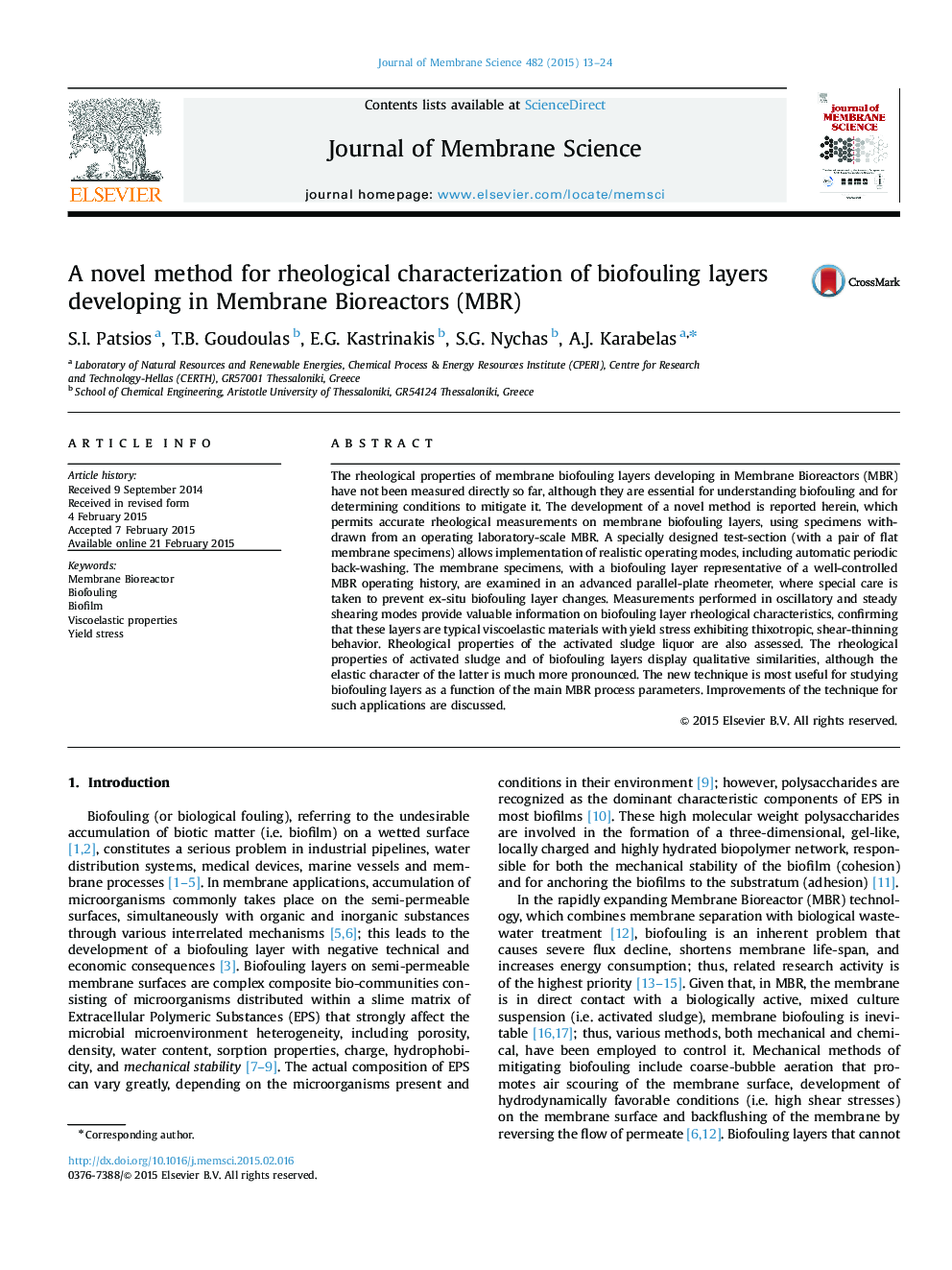 A novel method for rheological characterization of biofouling layers developing in Membrane Bioreactors (MBR)