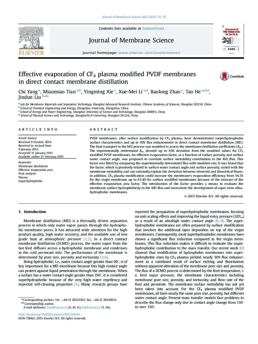 Effective evaporation of CF4 plasma modified PVDF membranes in direct contact membrane distillation