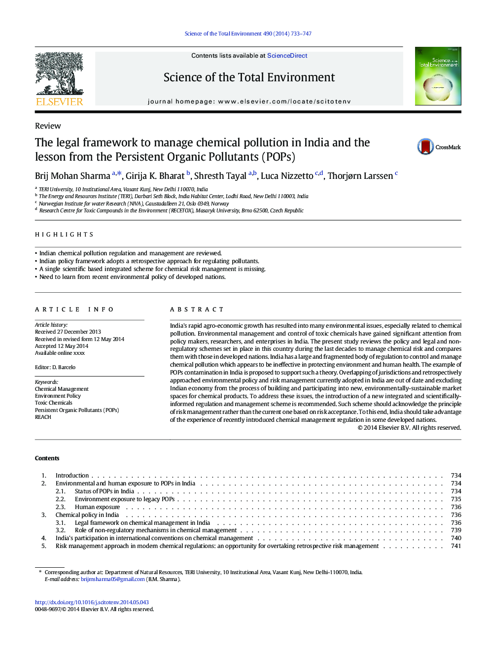 The legal framework to manage chemical pollution in India and the lesson from the Persistent Organic Pollutants (POPs)