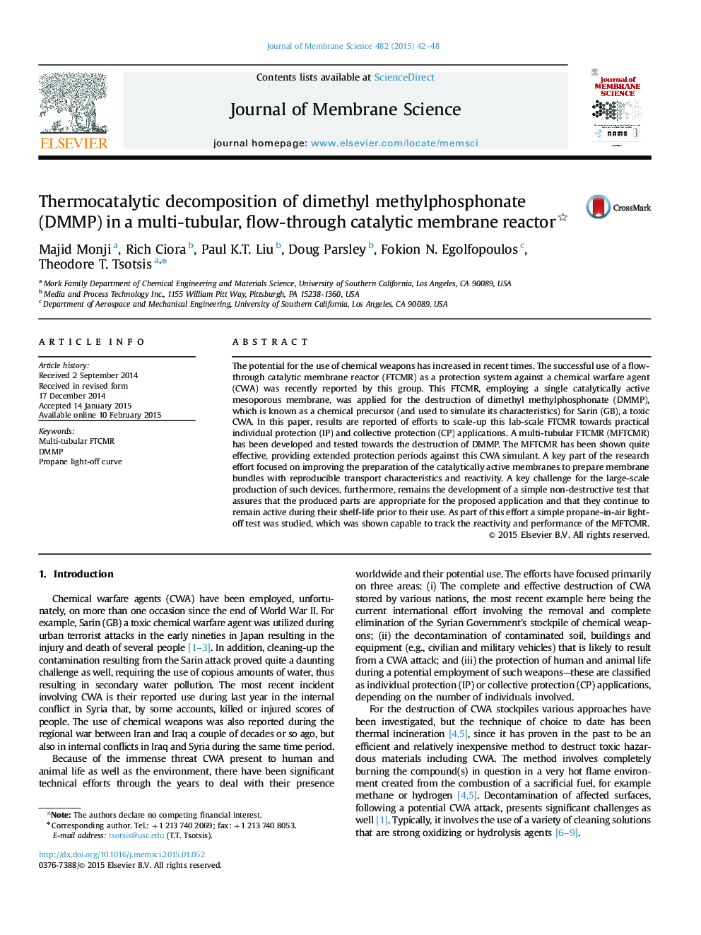 Thermocatalytic decomposition of dimethyl methylphosphonate (DMMP) in a multi-tubular, flow-through catalytic membrane reactor 