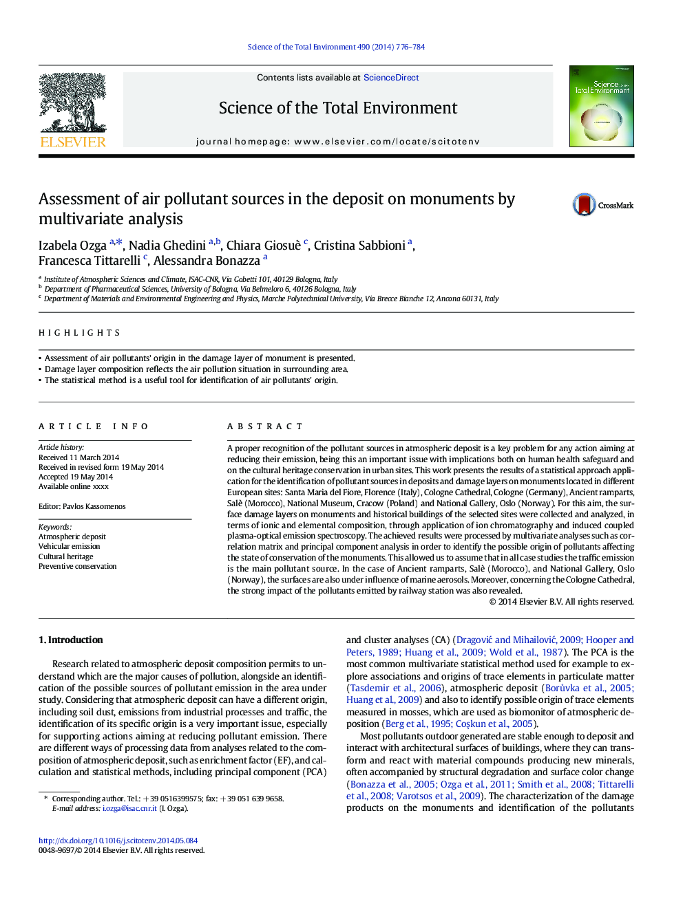 Assessment of air pollutant sources in the deposit on monuments by multivariate analysis