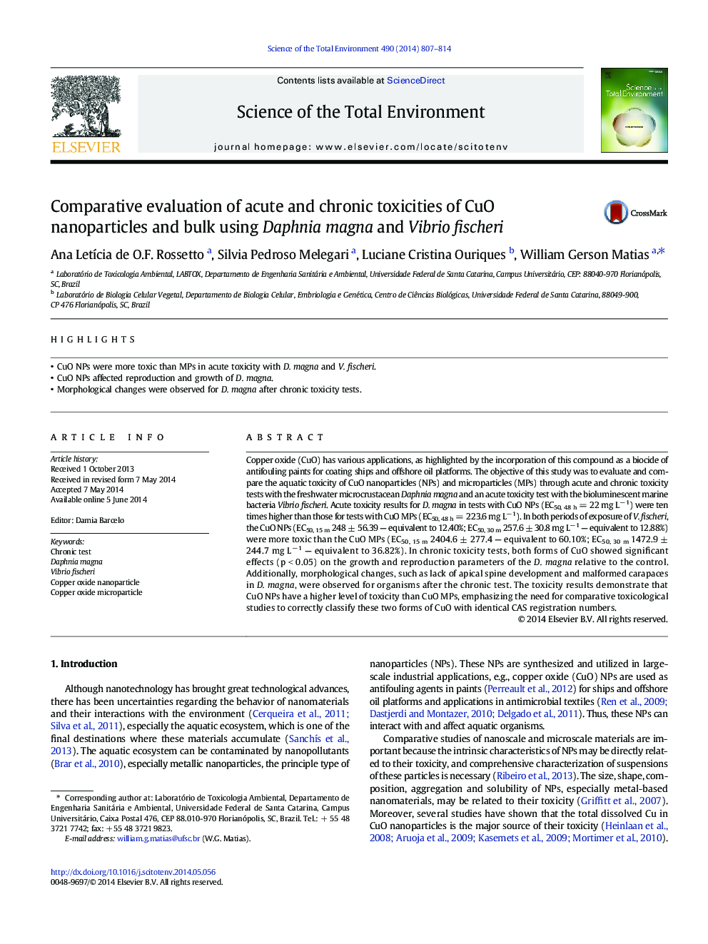 Comparative evaluation of acute and chronic toxicities of CuO nanoparticles and bulk using Daphnia magna and Vibrio fischeri