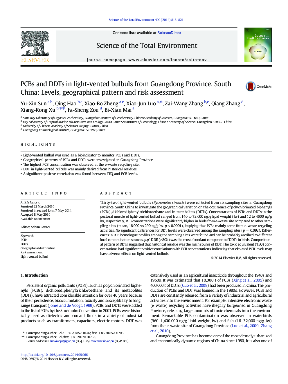 PCBs and DDTs in light-vented bulbuls from Guangdong Province, South China: Levels, geographical pattern and risk assessment