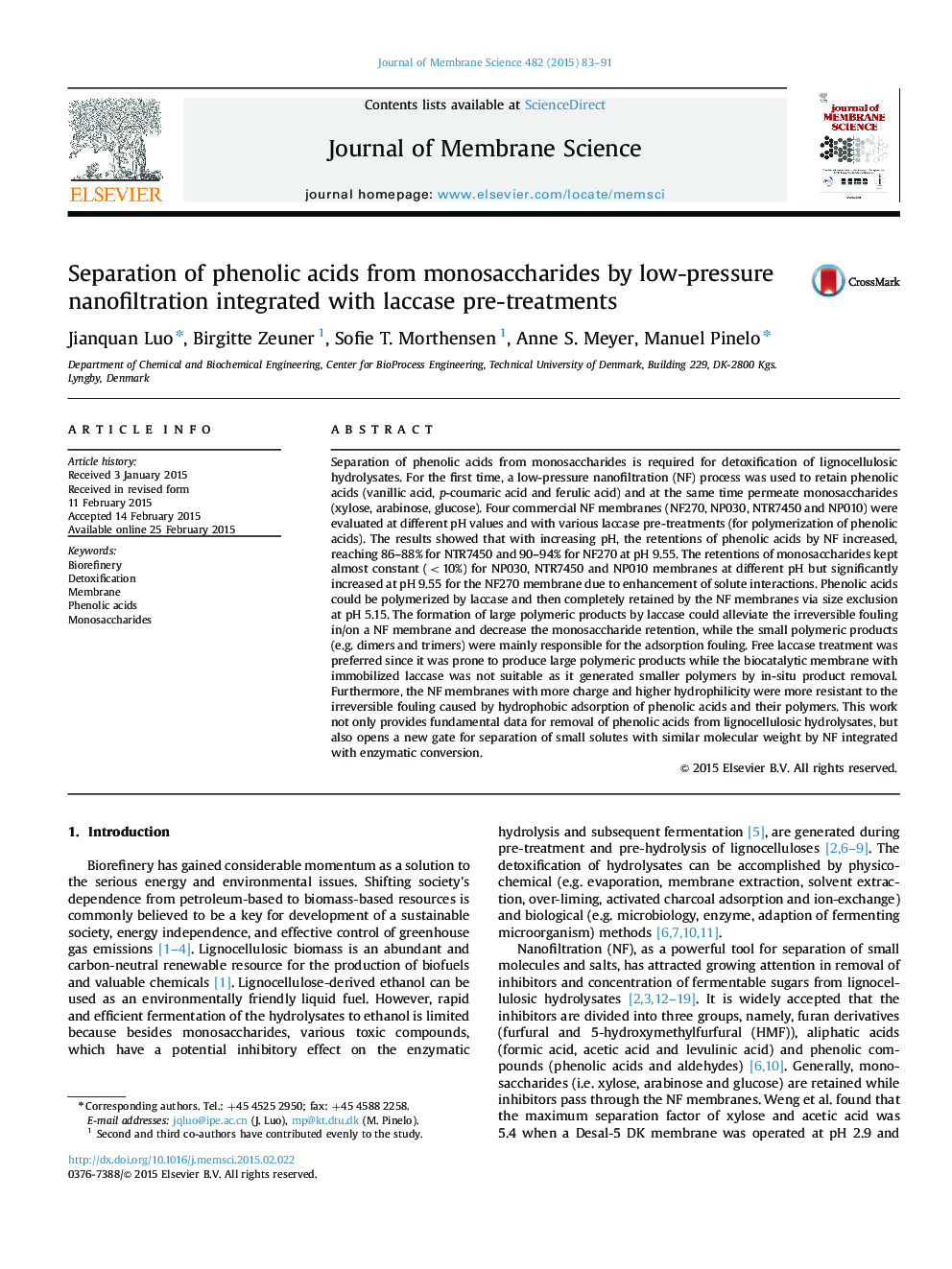 Separation of phenolic acids from monosaccharides by low-pressure nanofiltration integrated with laccase pre-treatments