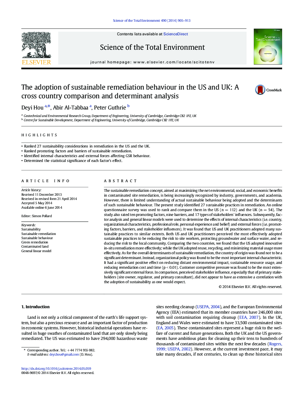 The adoption of sustainable remediation behaviour in the US and UK: A cross country comparison and determinant analysis