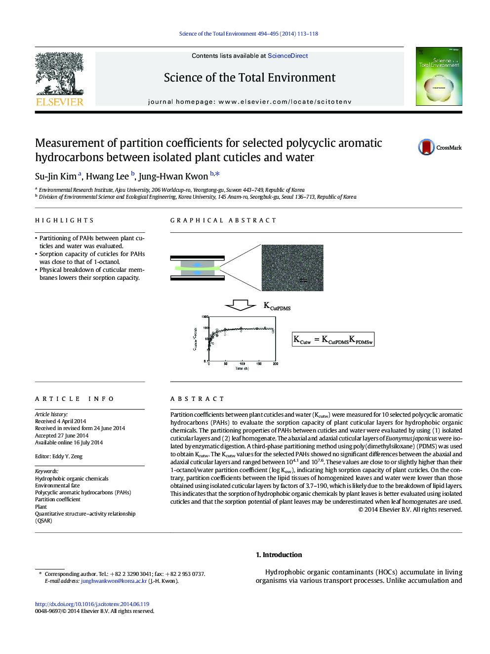 Measurement of partition coefficients for selected polycyclic aromatic hydrocarbons between isolated plant cuticles and water