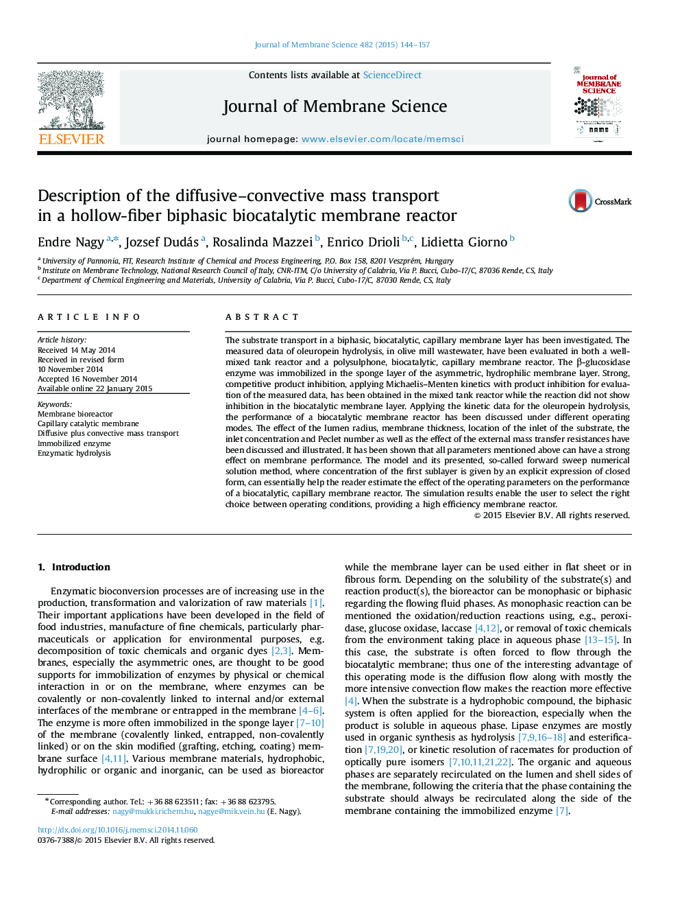 Description of the diffusive–convective mass transport in a hollow-fiber biphasic biocatalytic membrane reactor