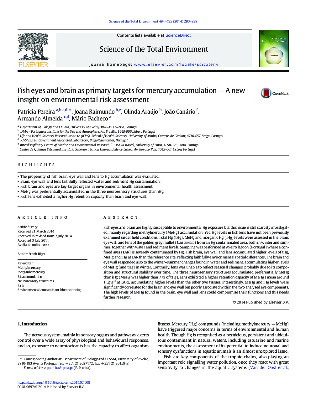 Fish eyes and brain as primary targets for mercury accumulation - A new insight on environmental risk assessment