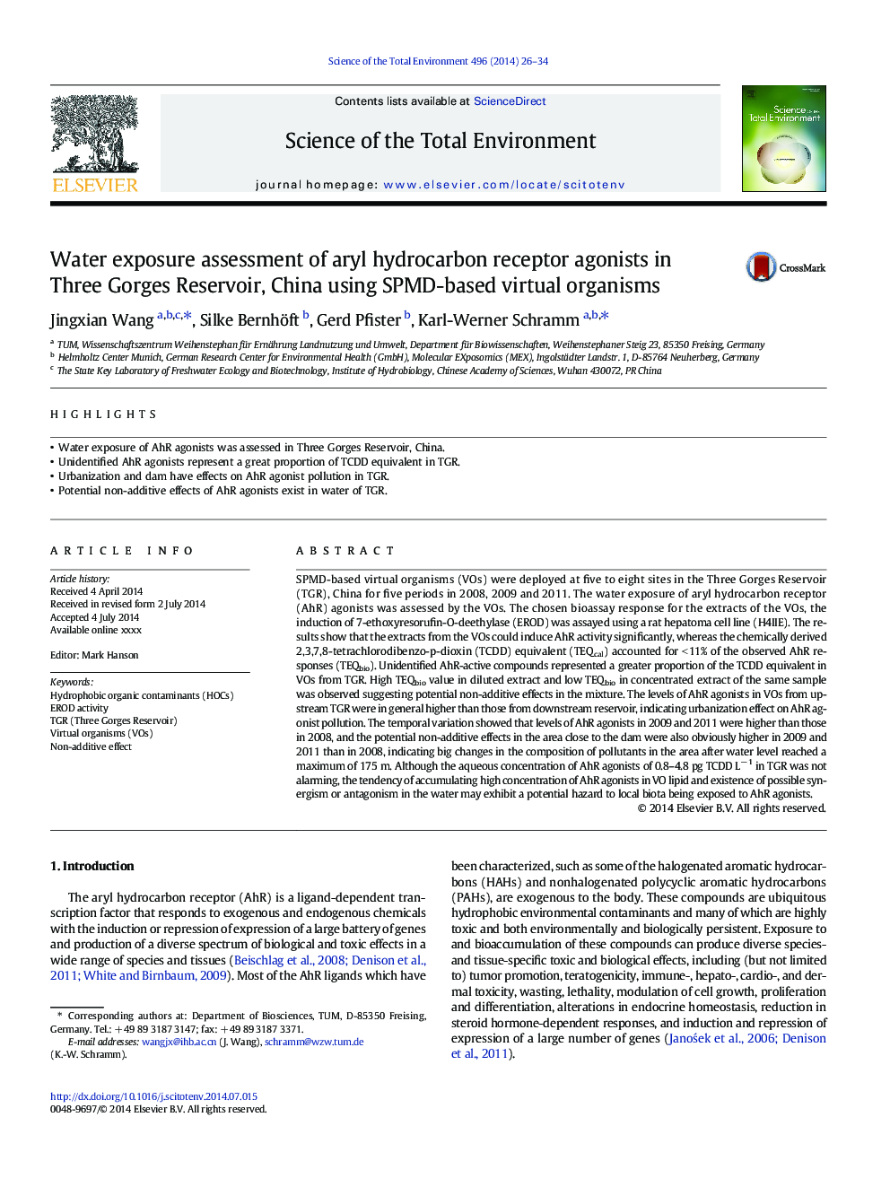 Water exposure assessment of aryl hydrocarbon receptor agonists in Three Gorges Reservoir, China using SPMD-based virtual organisms