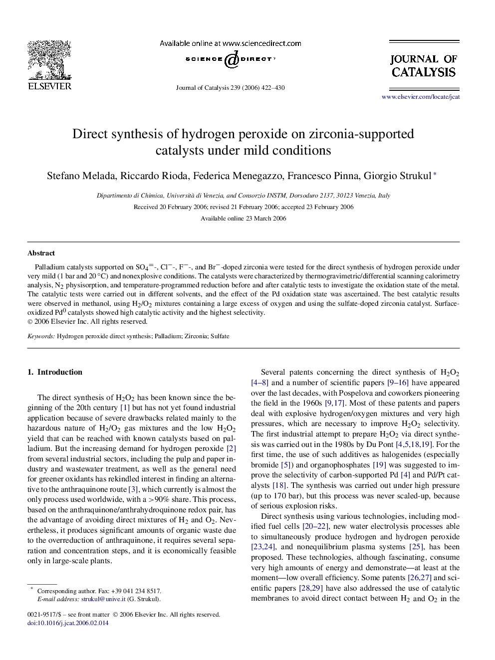 Direct synthesis of hydrogen peroxide on zirconia-supported catalysts under mild conditions