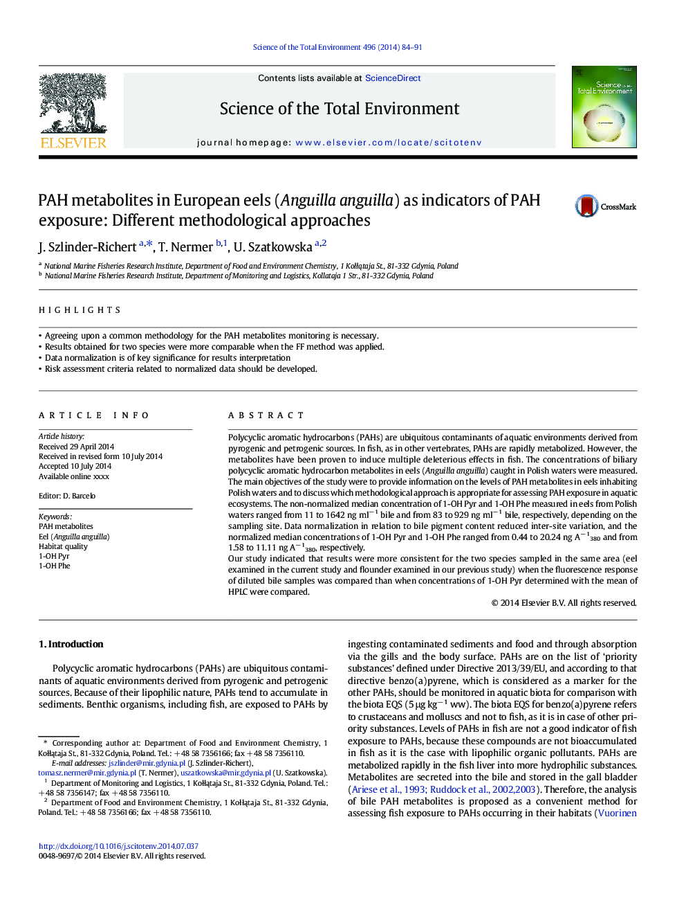 PAH metabolites in European eels (Anguilla anguilla) as indicators of PAH exposure: Different methodological approaches