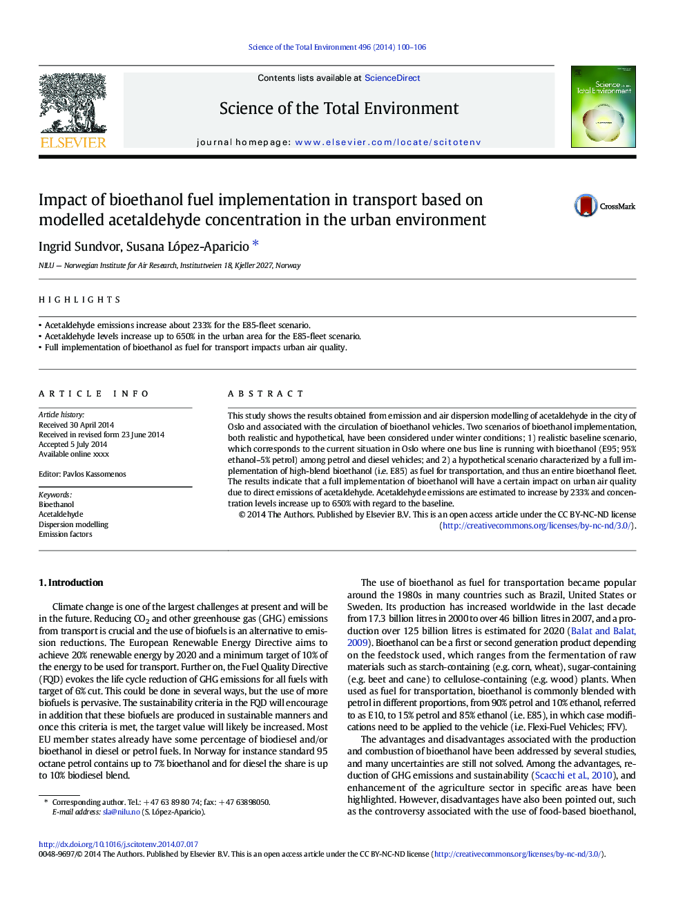 Impact of bioethanol fuel implementation in transport based on modelled acetaldehyde concentration in the urban environment