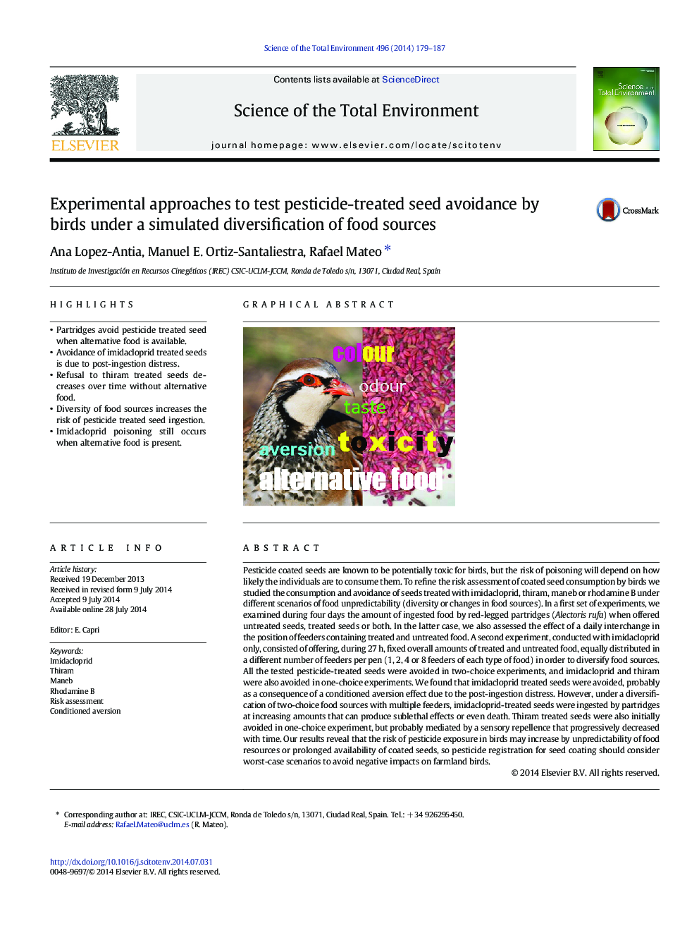 Experimental approaches to test pesticide-treated seed avoidance by birds under a simulated diversification of food sources