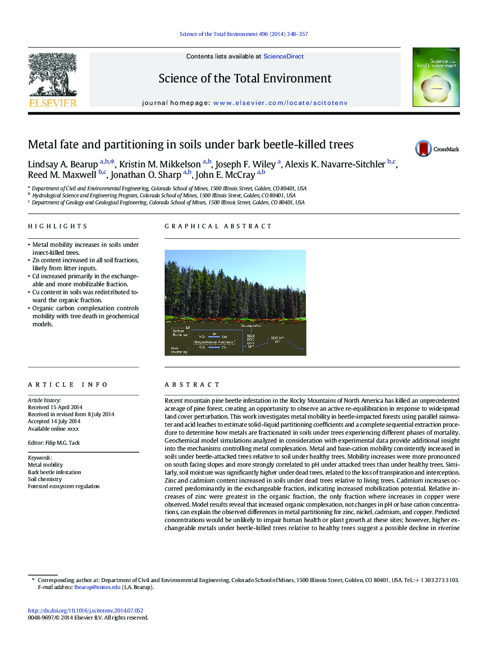 Metal fate and partitioning in soils under bark beetle-killed trees