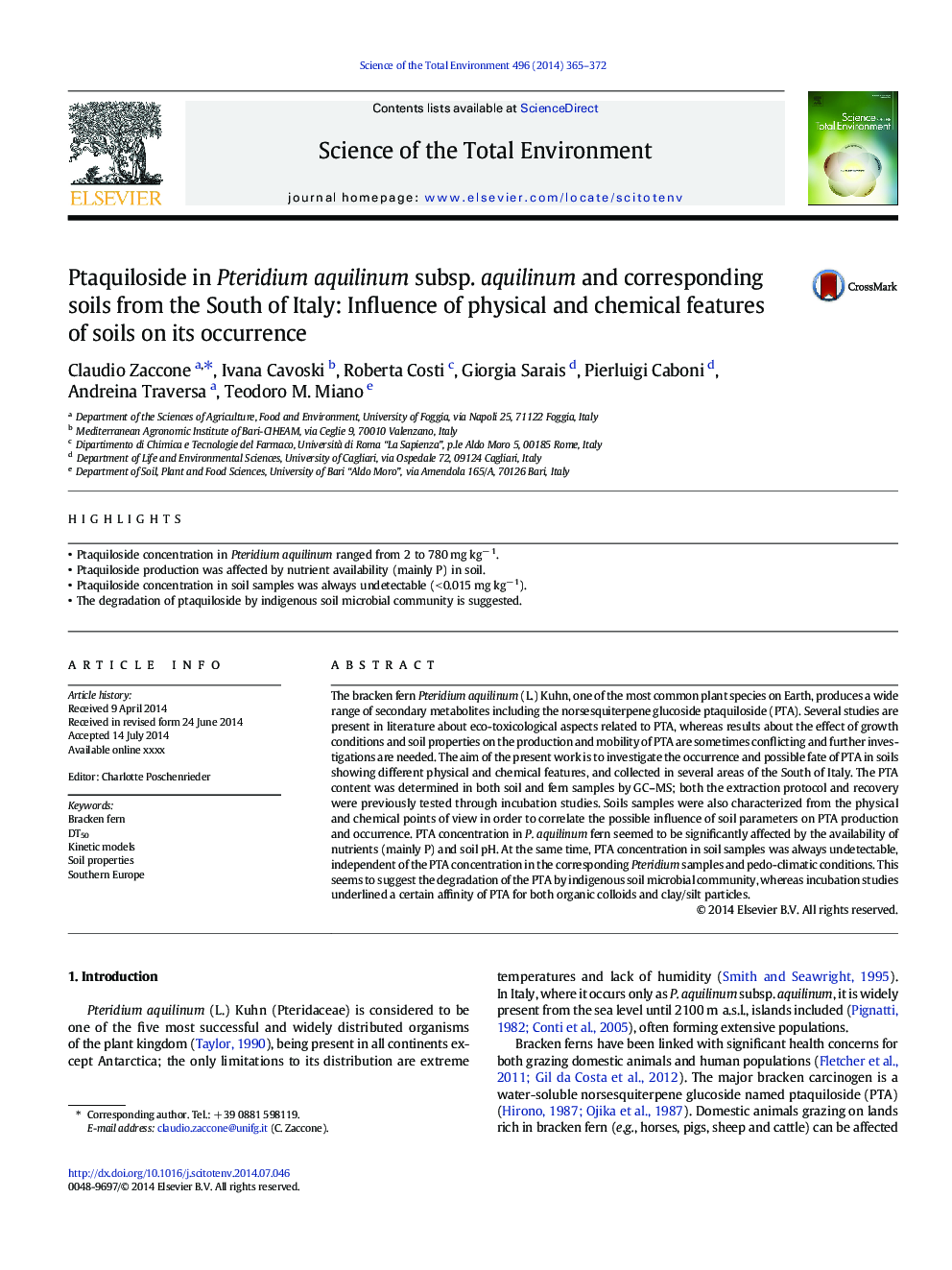 Ptaquiloside in Pteridium aquilinum subsp. aquilinum and corresponding soils from the South of Italy: Influence of physical and chemical features of soils on its occurrence