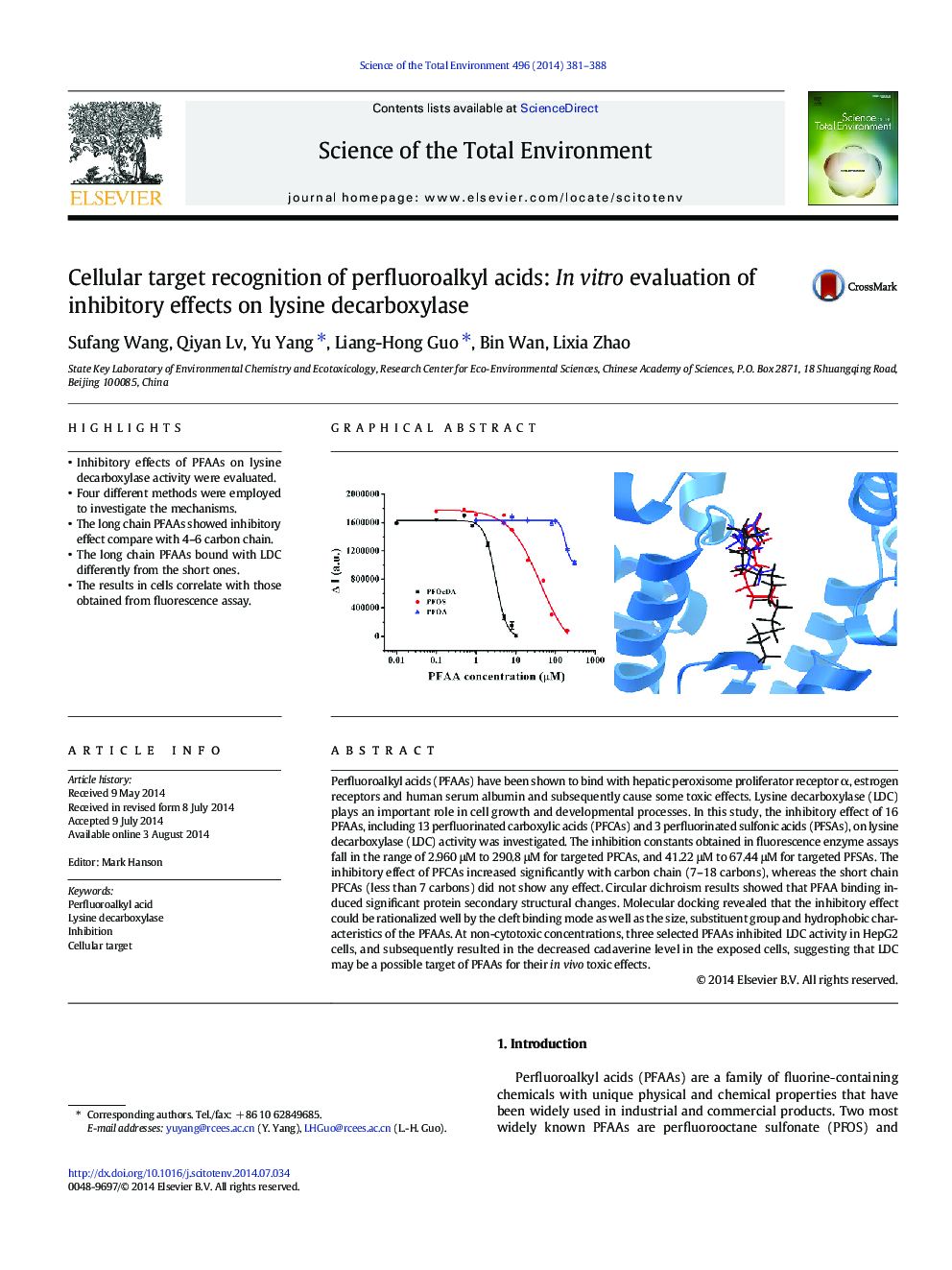 Cellular target recognition of perfluoroalkyl acids: In vitro evaluation of inhibitory effects on lysine decarboxylase