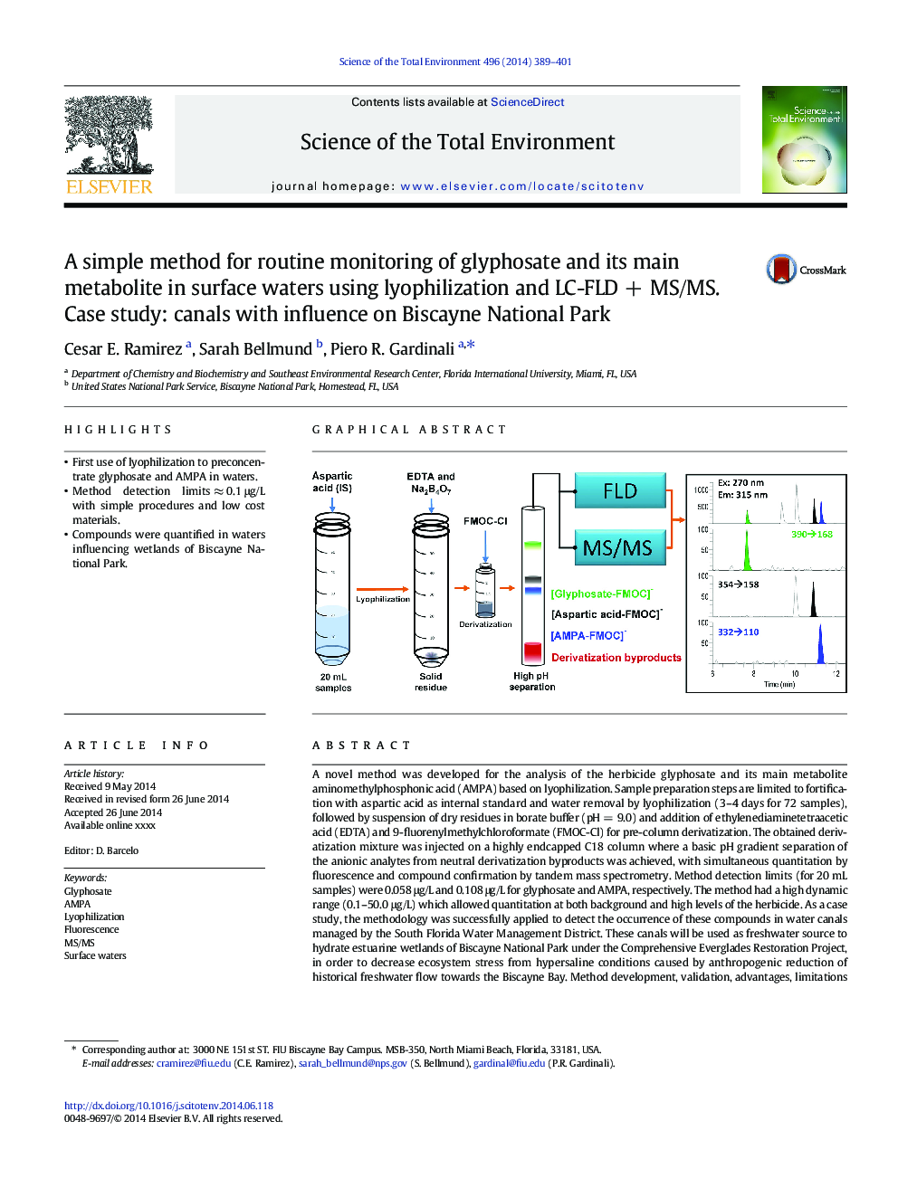 A simple method for routine monitoring of glyphosate and its main metabolite in surface waters using lyophilization and LC-FLDÂ +Â MS/MS. Case study: canals with influence on Biscayne National Park