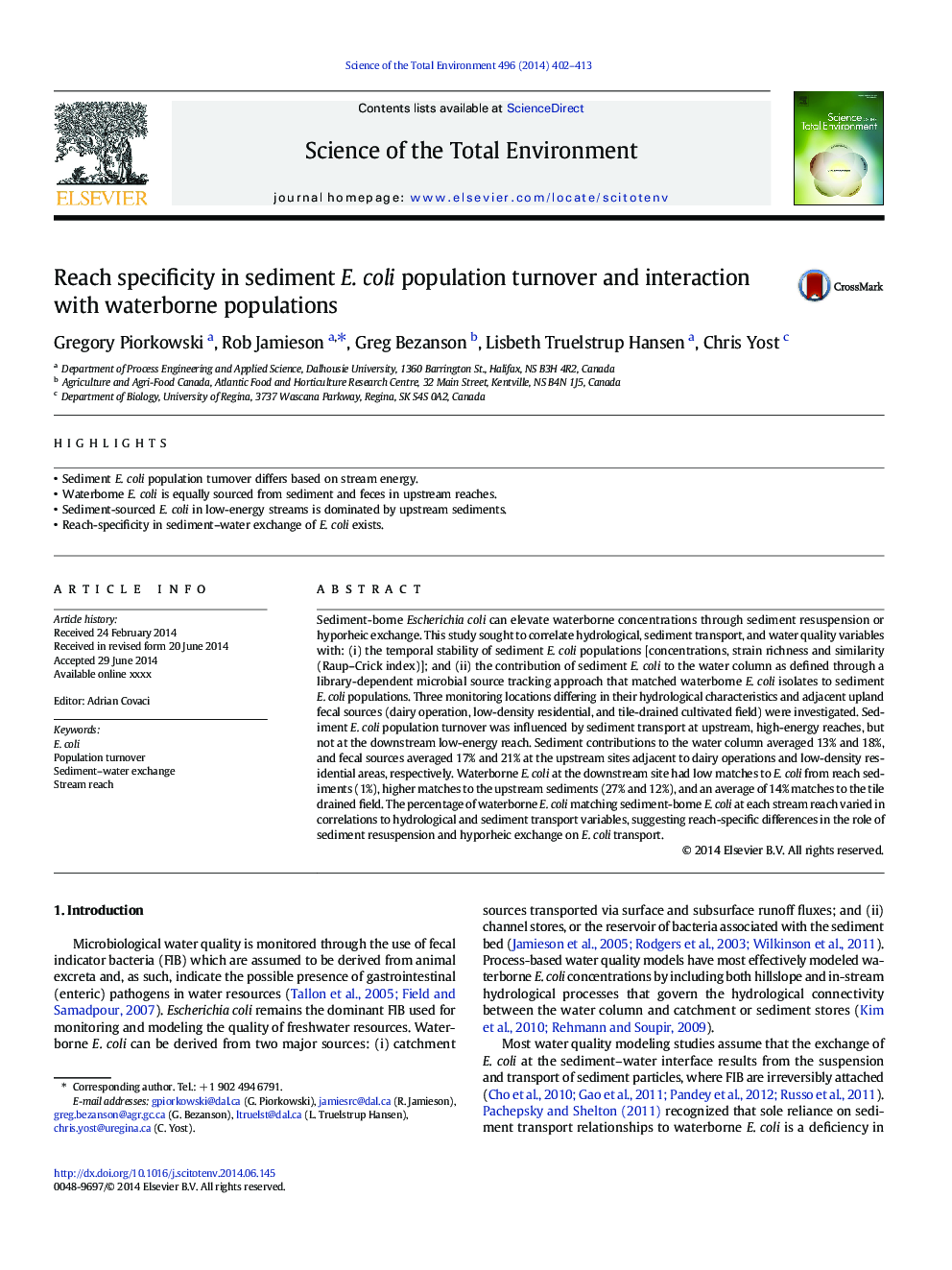 Reach specificity in sediment E. coli population turnover and interaction with waterborne populations