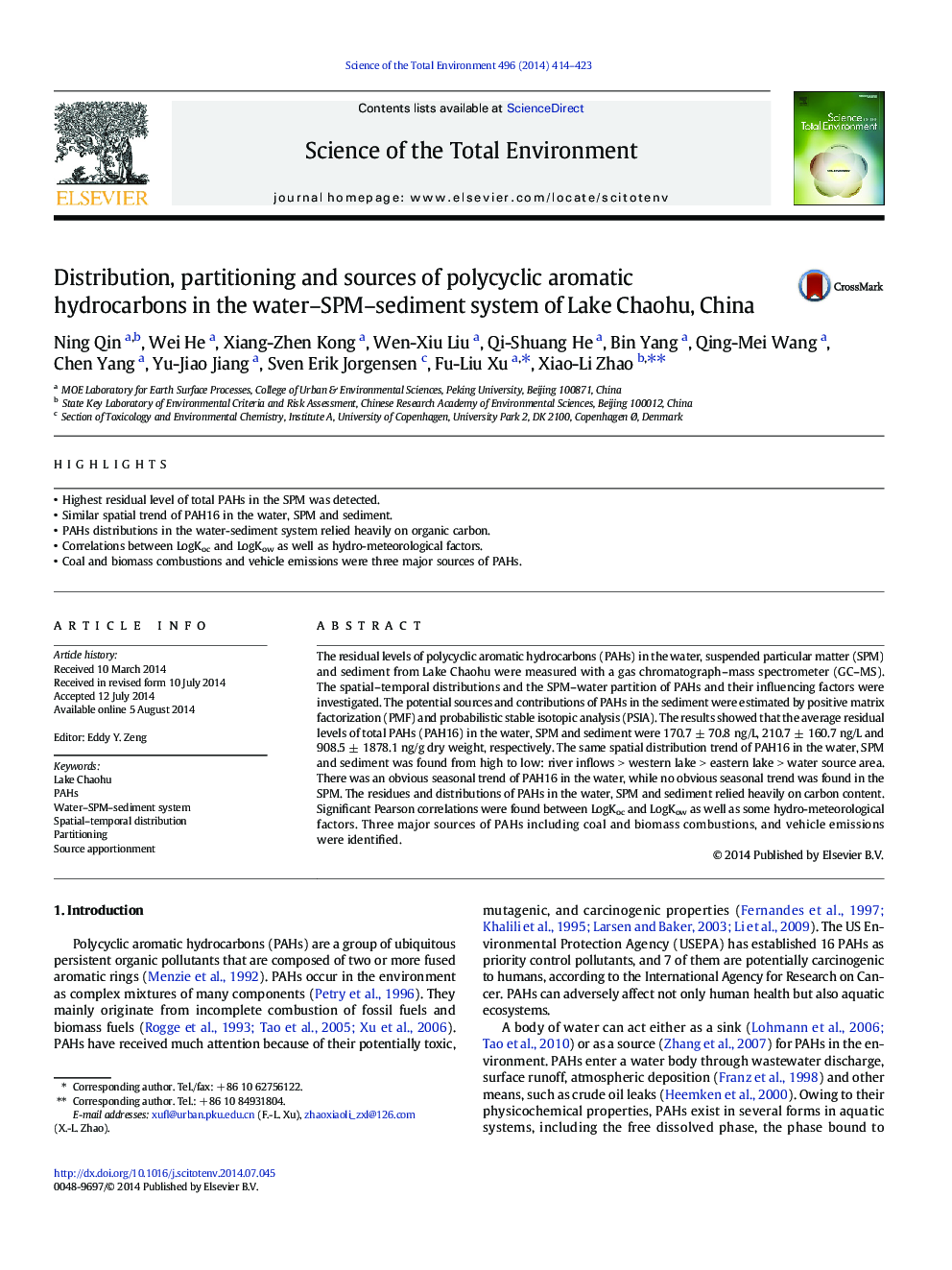 Distribution, partitioning and sources of polycyclic aromatic hydrocarbons in the water-SPM-sediment system of Lake Chaohu, China