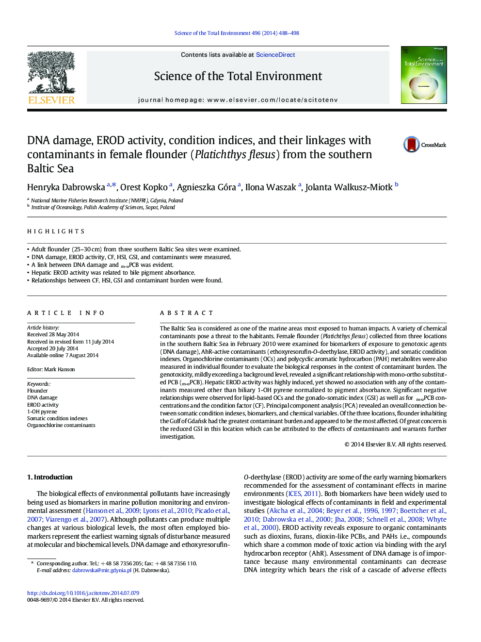 DNA damage, EROD activity, condition indices, and their linkages with contaminants in female flounder (Platichthys flesus) from the southern Baltic Sea