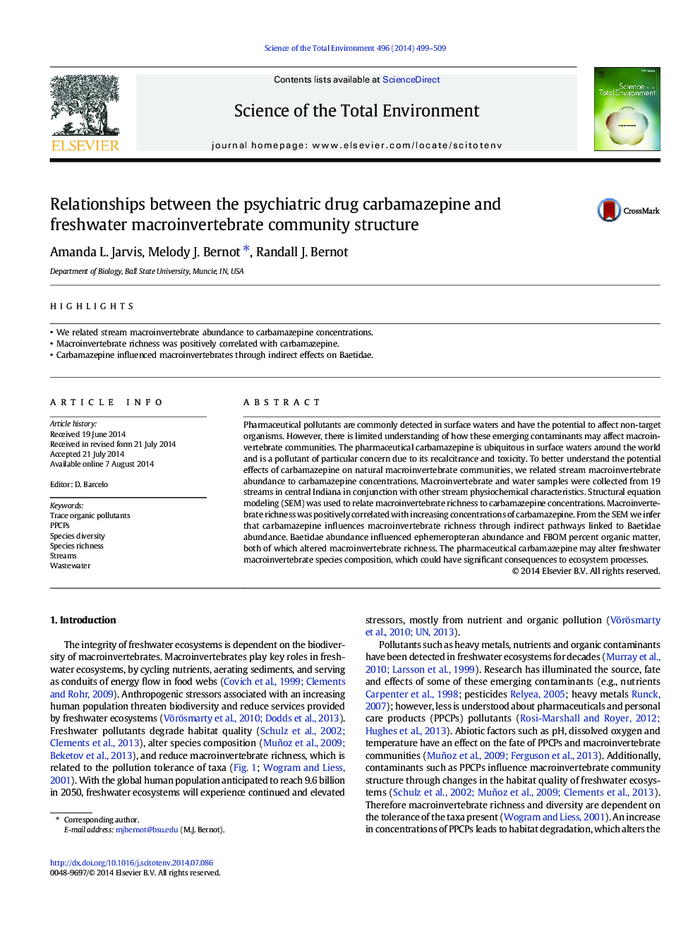 Relationships between the psychiatric drug carbamazepine and freshwater macroinvertebrate community structure