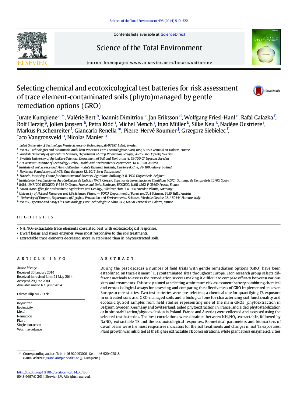 Selecting chemical and ecotoxicological test batteries for risk assessment of trace element-contaminated soils (phyto)managed by gentle remediation options (GRO)