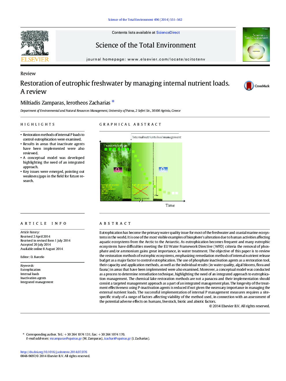 ReviewRestoration of eutrophic freshwater by managing internal nutrient loads. A review