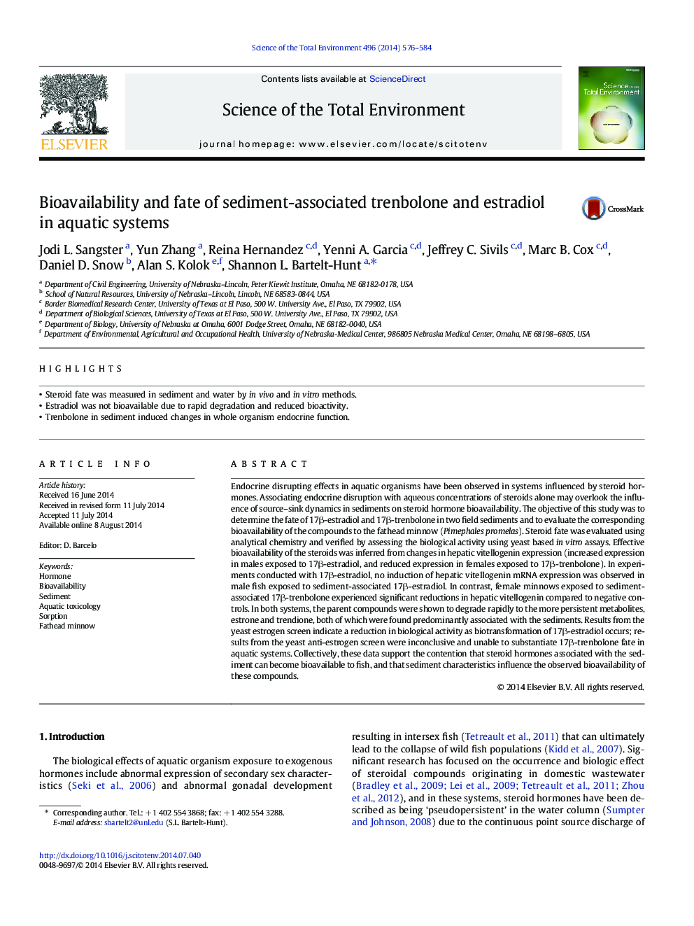 Bioavailability and fate of sediment-associated trenbolone and estradiol in aquatic systems