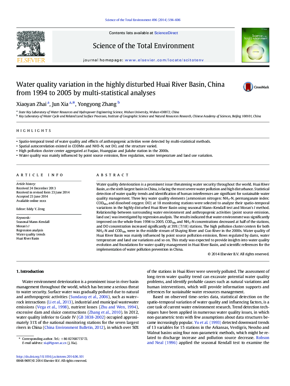 Water quality variation in the highly disturbed Huai River Basin, China from 1994 to 2005 by multi-statistical analyses