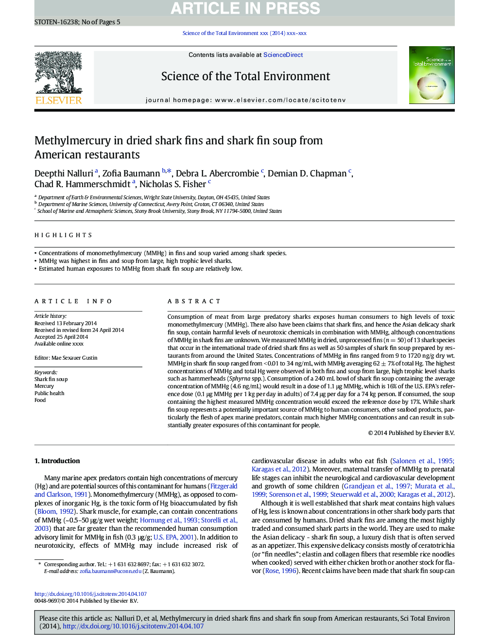 Methylmercury in dried shark fins and shark fin soup from American restaurants