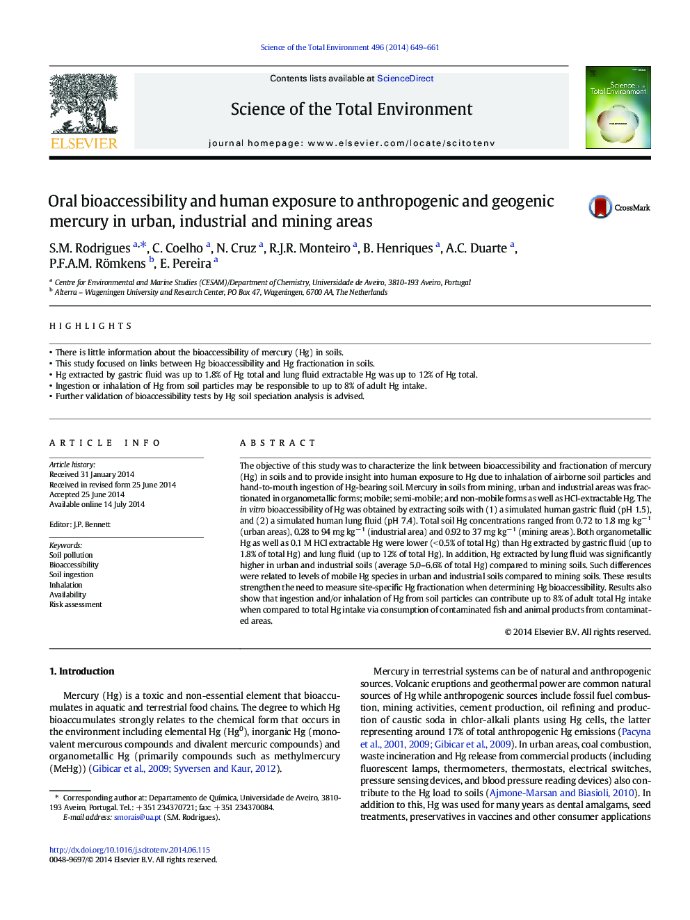 Oral bioaccessibility and human exposure to anthropogenic and geogenic mercury in urban, industrial and mining areas