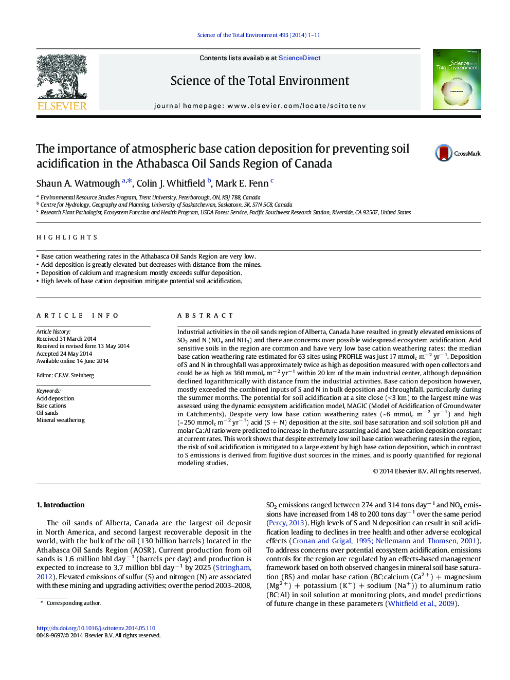 The importance of atmospheric base cation deposition for preventing soil acidification in the Athabasca Oil Sands Region of Canada