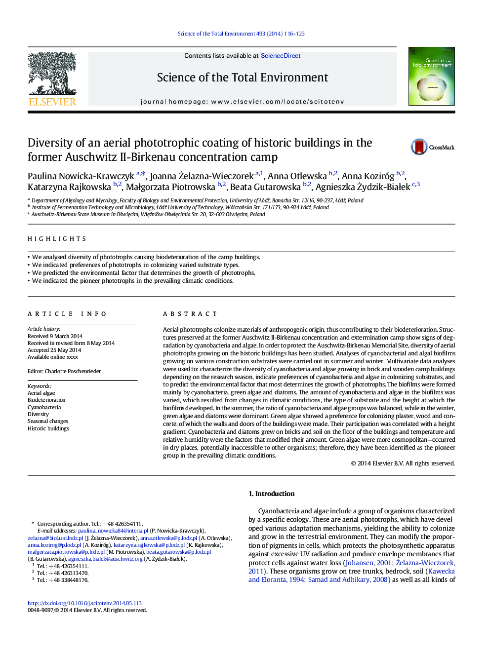 Diversity of an aerial phototrophic coating of historic buildings in the former Auschwitz II-Birkenau concentration camp
