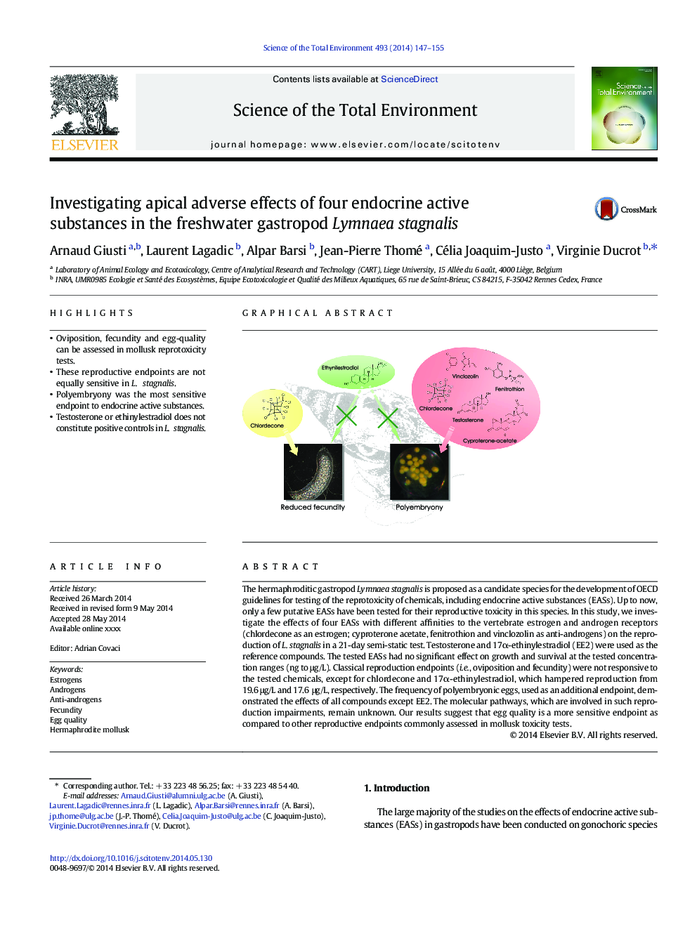 Investigating apical adverse effects of four endocrine active substances in the freshwater gastropod Lymnaea stagnalis