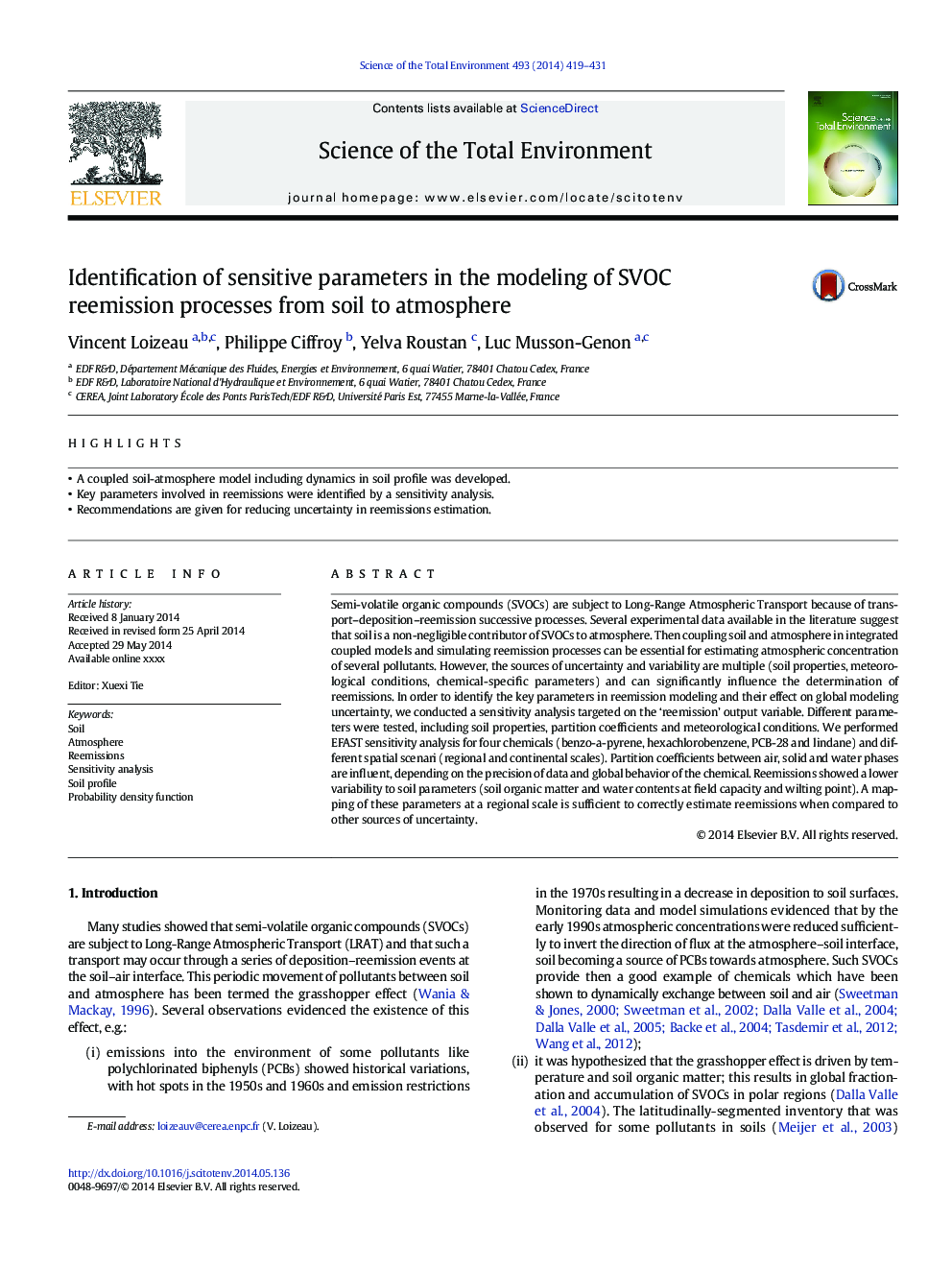Identification of sensitive parameters in the modeling of SVOC reemission processes from soil to atmosphere