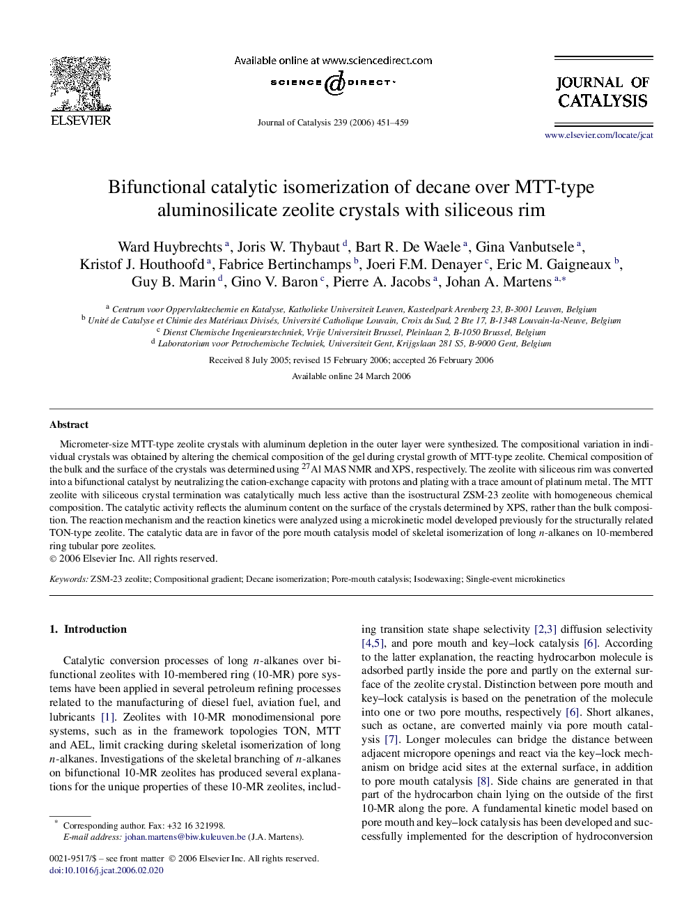 Bifunctional catalytic isomerization of decane over MTT-type aluminosilicate zeolite crystals with siliceous rim