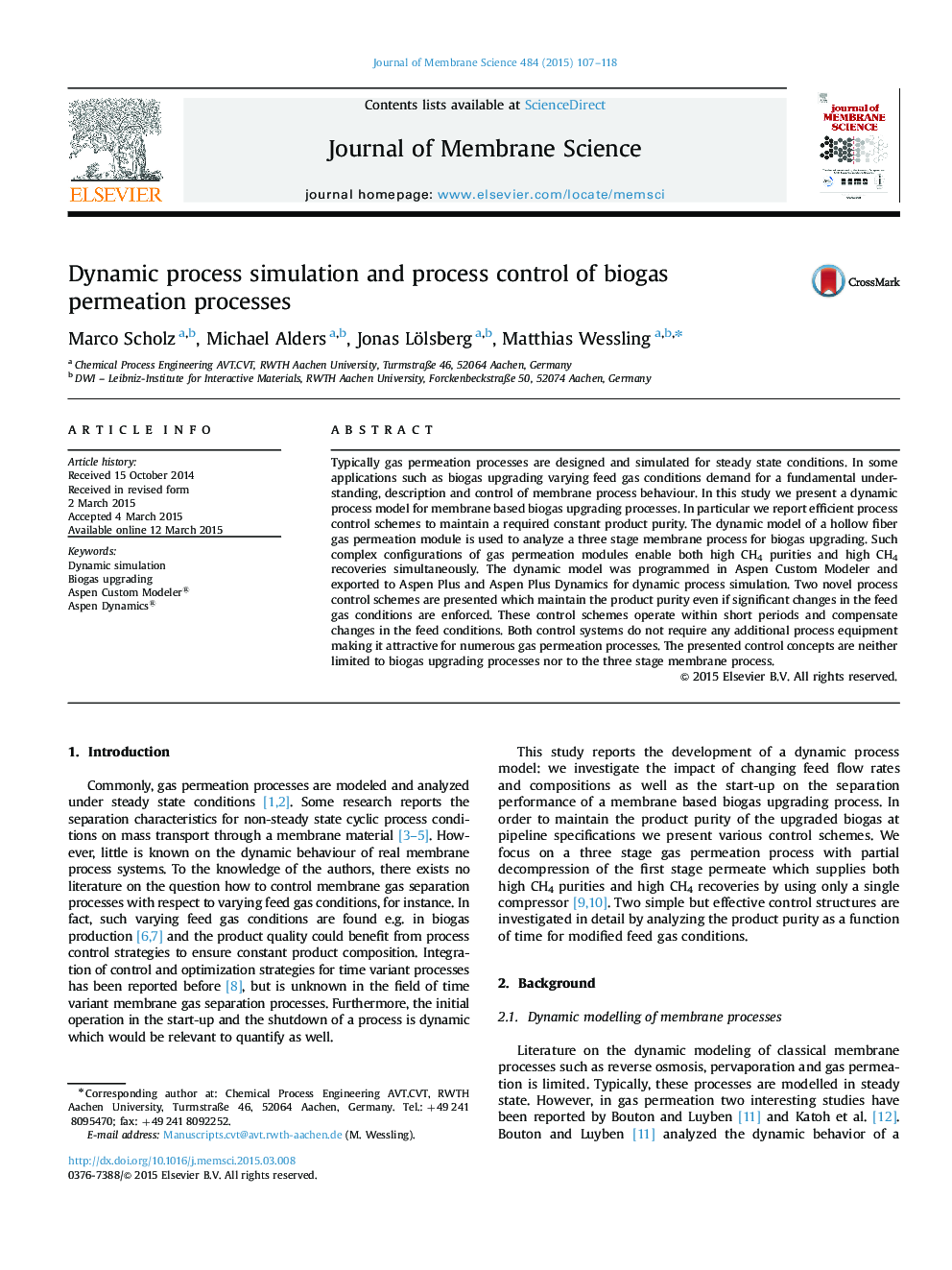 Dynamic process simulation and process control of biogas permeation processes